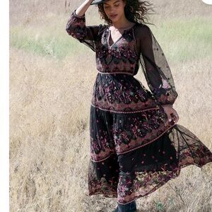 Sundance Boutique Black Maxi Dress with Floral Embroidery NWT